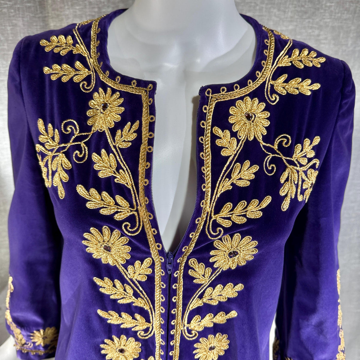 MALOUF Perfect Negligee, I. MAGNIN, 1960s vintage caftan evening dress, Royal Purple velvet and gold metallic & rhinestones Kaftan
