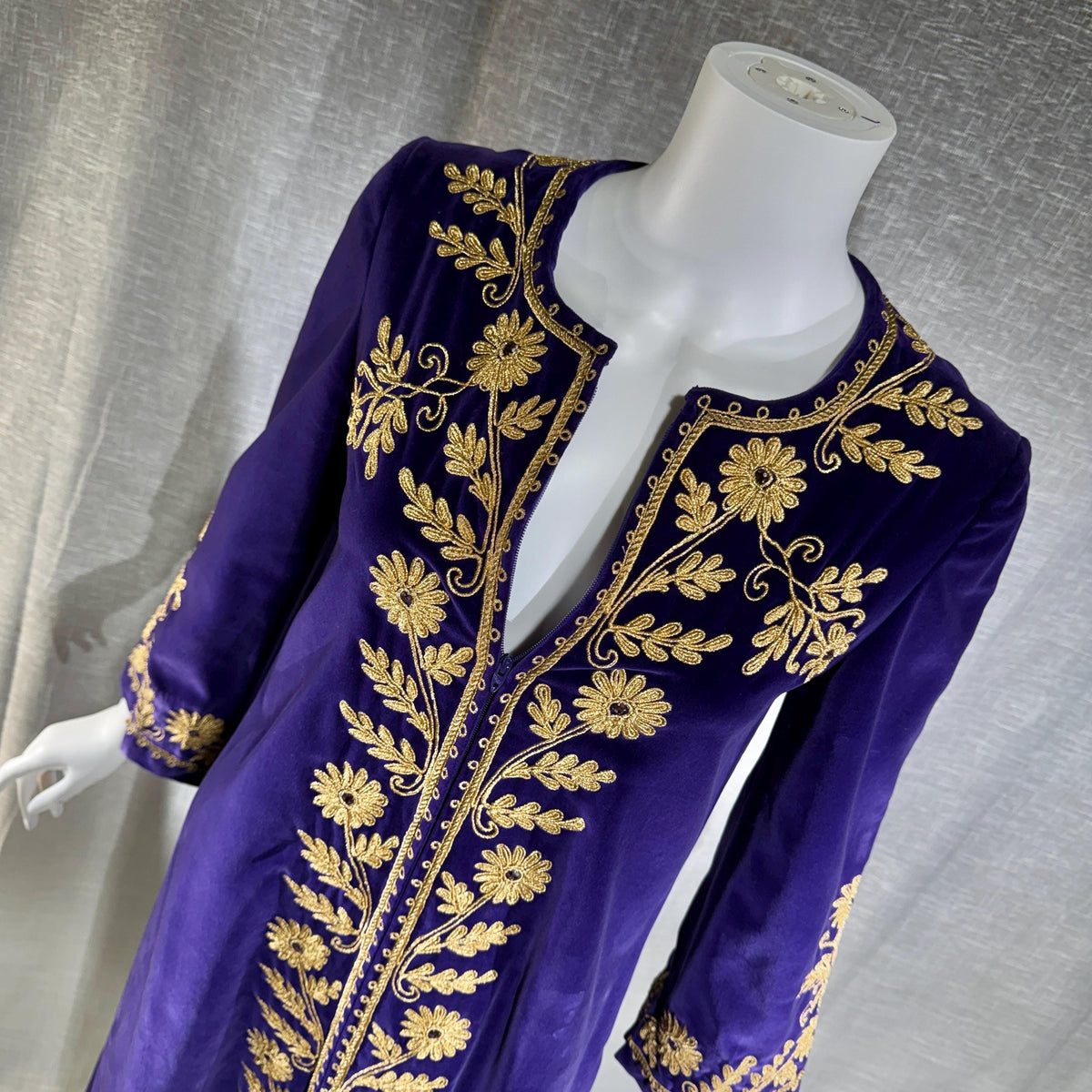 MALOUF Perfect Negligee, I. MAGNIN, 1960s vintage caftan evening dress, Royal Purple velvet and gold metallic & rhinestones Kaftan