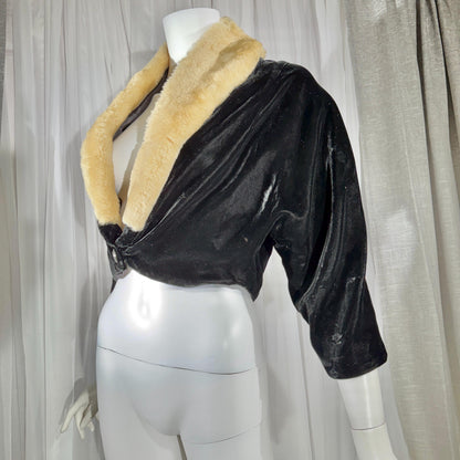vintage 1930s 1940s Evening Jacket, JULIAN BELLER Black Velvet Cropped Shrug Jacket