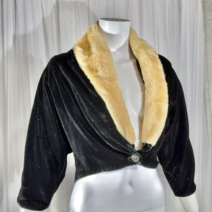 vintage 1930s 1940s Evening Jacket, JULIAN BELLER Black Velvet Cropped Shrug Jacket
