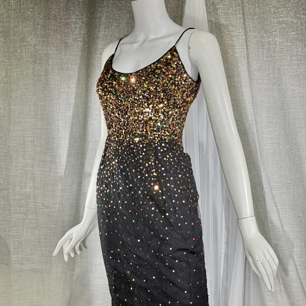 vintage 1980s RIAZEE BOUTIQUE evening dress gown, Lillie Rubin Black Silk Sequin Evening slip dress