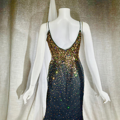vintage 1980s RIAZEE BOUTIQUE evening dress gown, Lillie Rubin Black Silk Sequin Evening slip dress