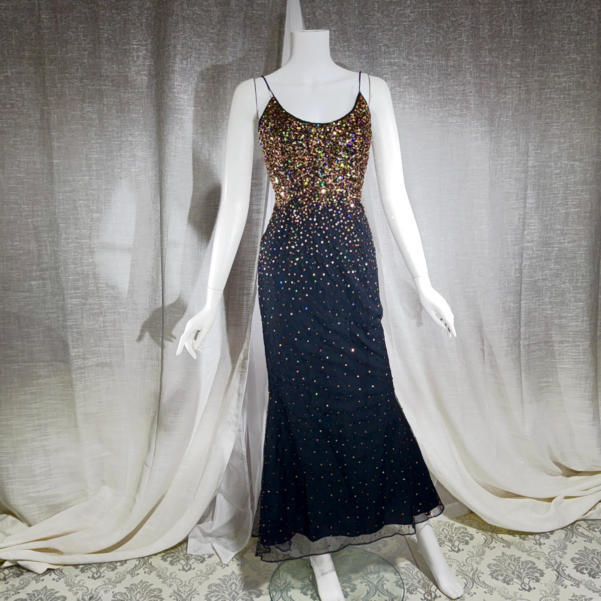 vintage 1980s RIAZEE BOUTIQUE evening dress gown, Lillie Rubin Black Silk Sequin Evening slip dress