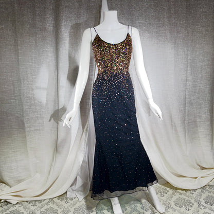 vintage 1980s RIAZEE BOUTIQUE evening dress gown, Lillie Rubin Black Silk Sequin Evening slip dress