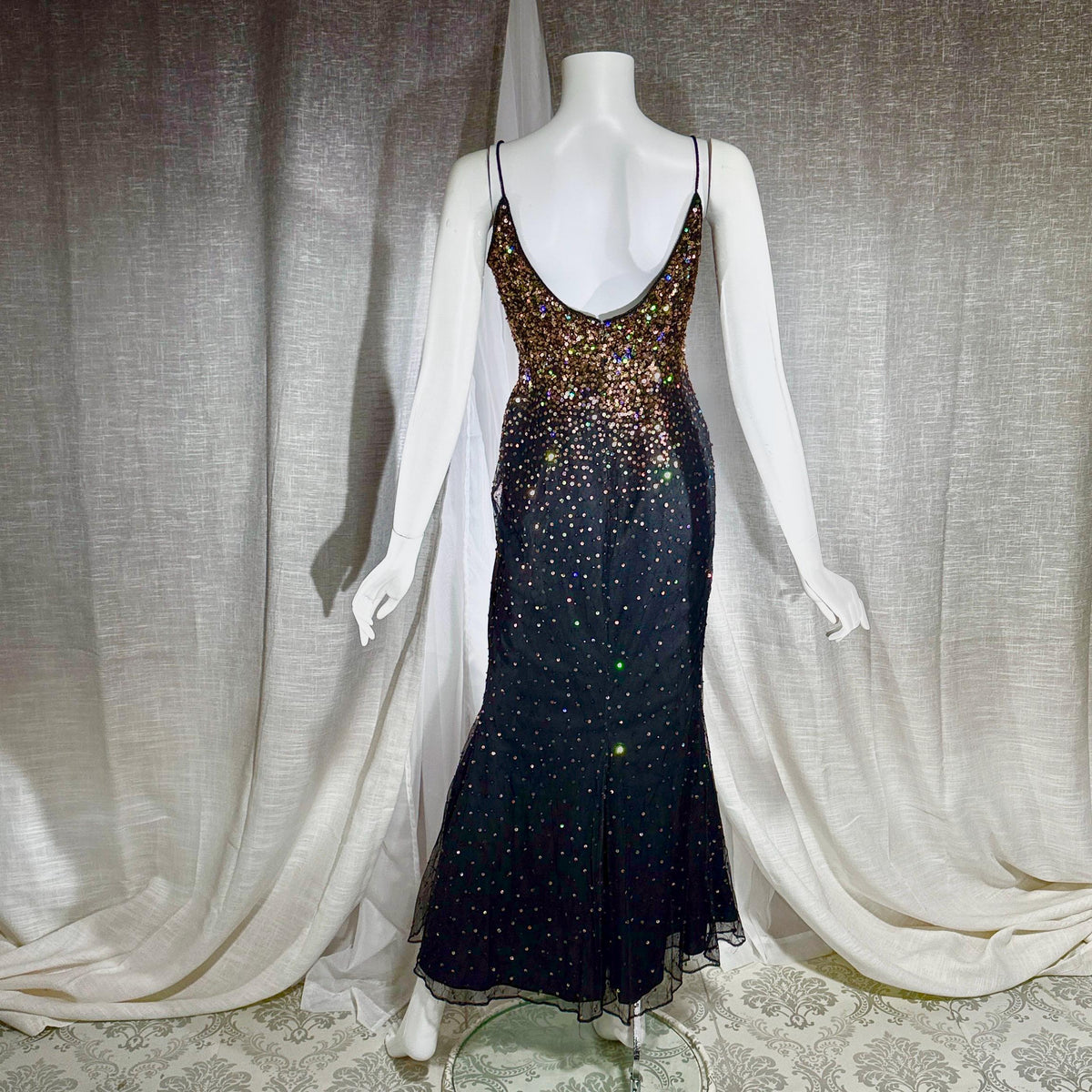 vintage 1980s RIAZEE BOUTIQUE evening dress gown, Lillie Rubin Black Silk Sequin Evening slip dress
