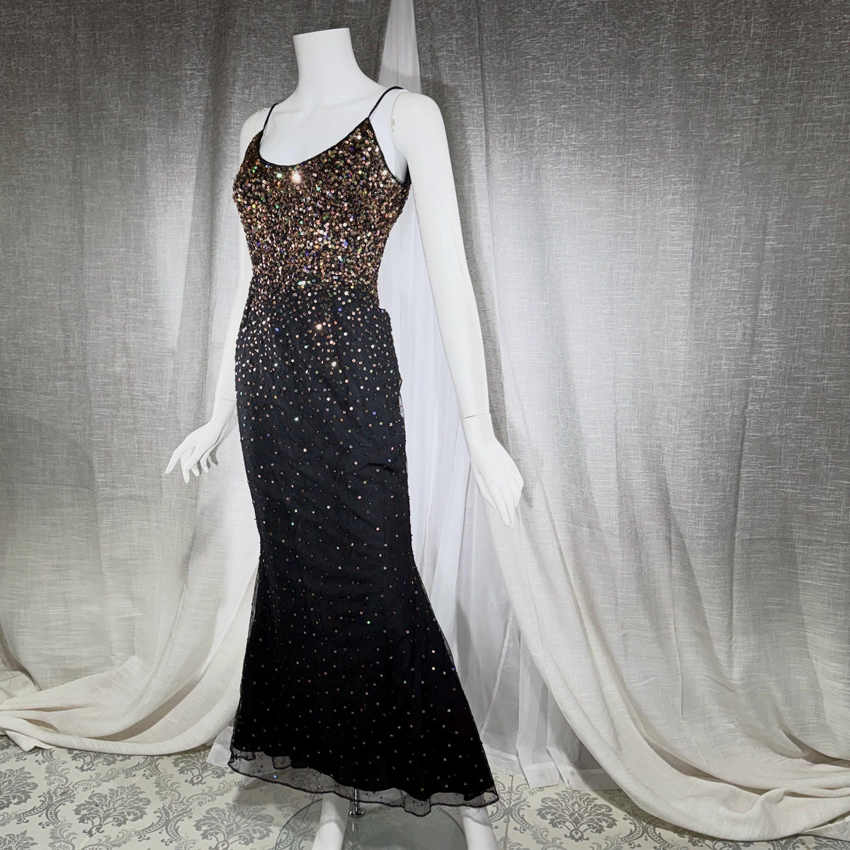 vintage 1980s RIAZEE BOUTIQUE evening dress gown, Lillie Rubin Black Silk Sequin Evening slip dress
