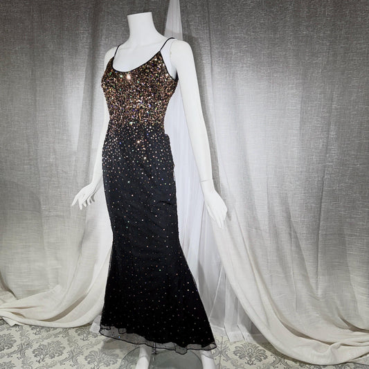 vintage 1980s RIAZEE BOUTIQUE evening dress gown, Lillie Rubin Black Silk Sequin Evening slip dress