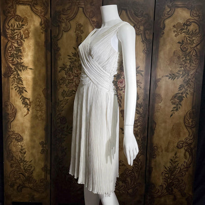 vintage MARY MCFADDEN cocktail dress, 1970s 1980s white open back plisse pleats dress