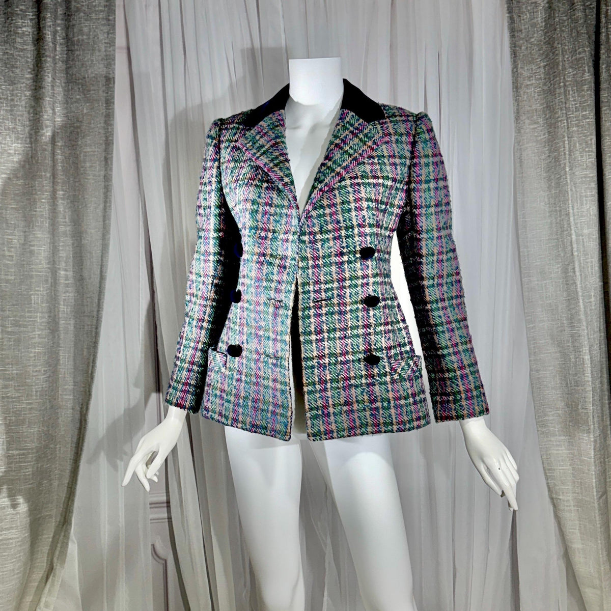 Vintage ARNOLD SCAASI COUTURE Dress Jacket , 1970s double breasted plaid tweed wool blazer