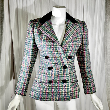 Vintage ARNOLD SCAASI COUTURE Dress Jacket , 1970s double breasted plaid tweed wool blazer