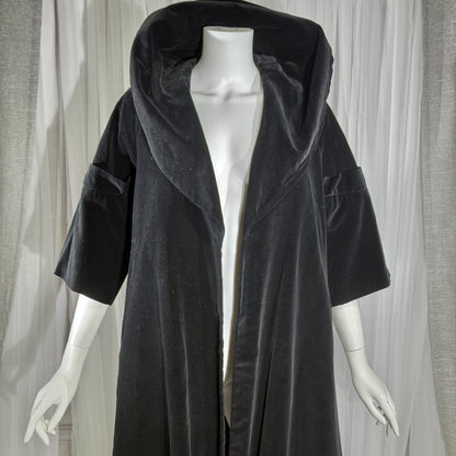 Vintage 1950s evening coat, Black cotton velvet cocktail swing trapeze opera coat Medium