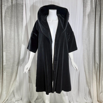 Vintage 1950s evening coat, Black cotton velvet cocktail swing trapeze opera coat Medium