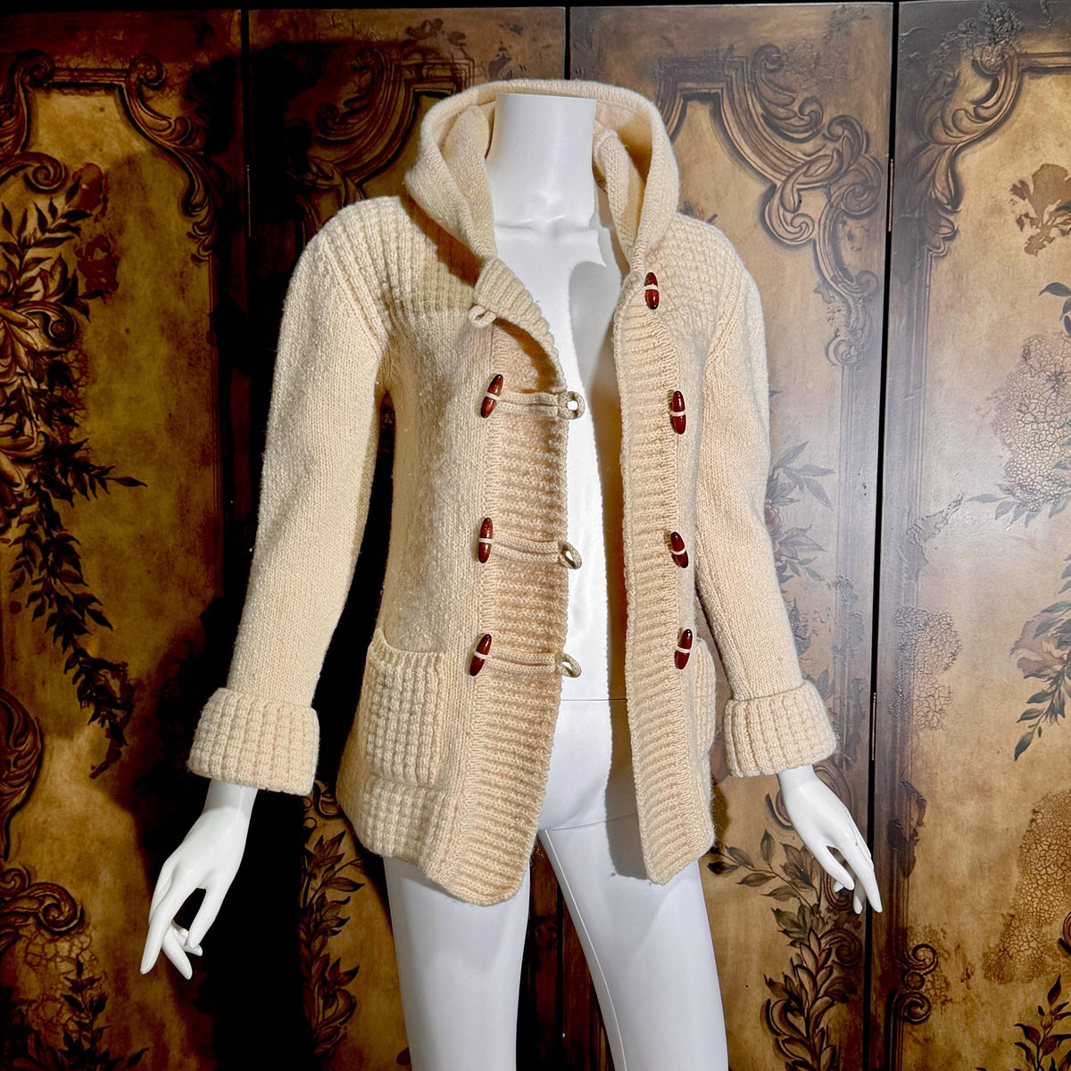 vintage 1970s Irish Wool Cardigan Sweater, FALCARRAGH hooded toggle button sweater