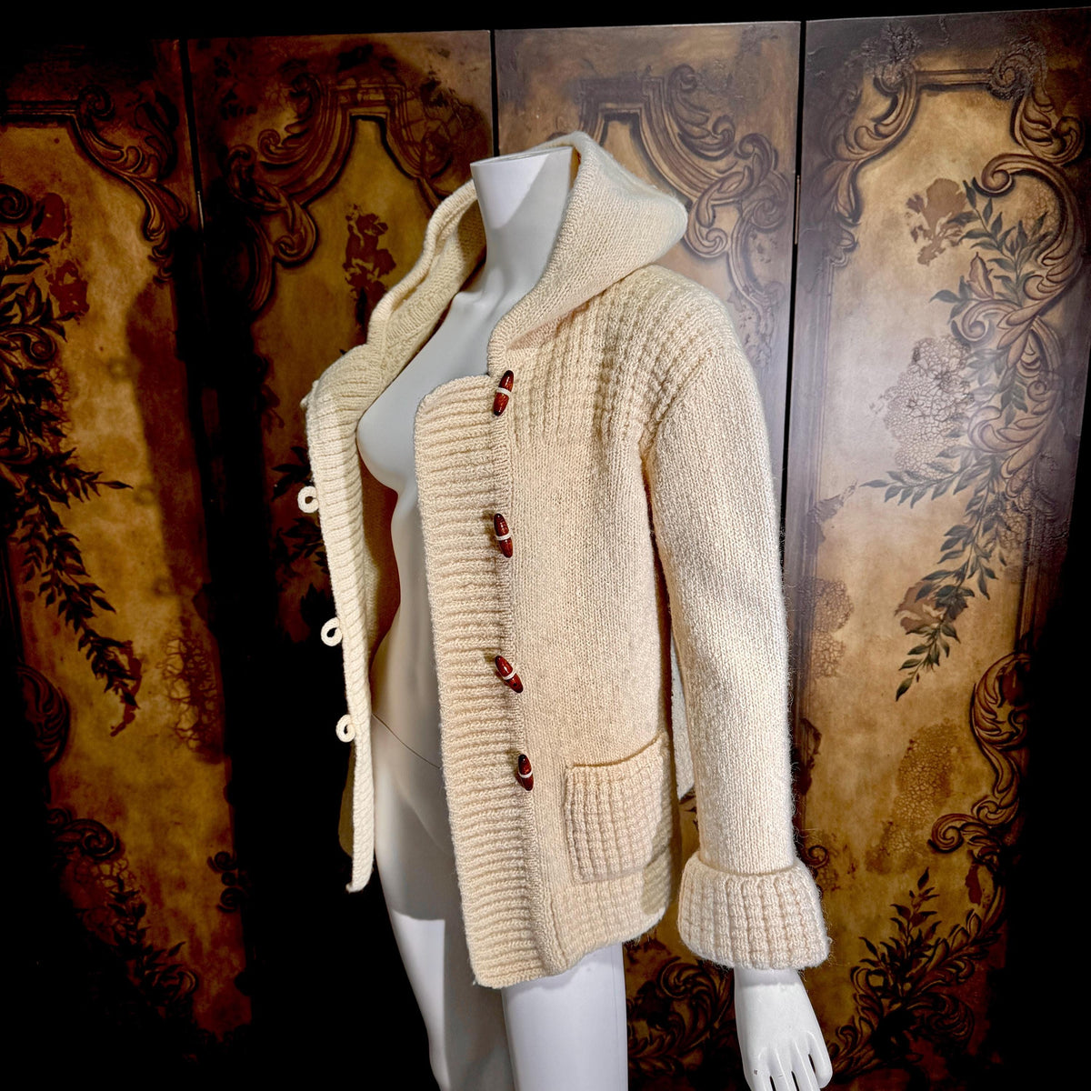 vintage 1970s Irish Wool Cardigan Sweater, FALCARRAGH hooded toggle button sweater