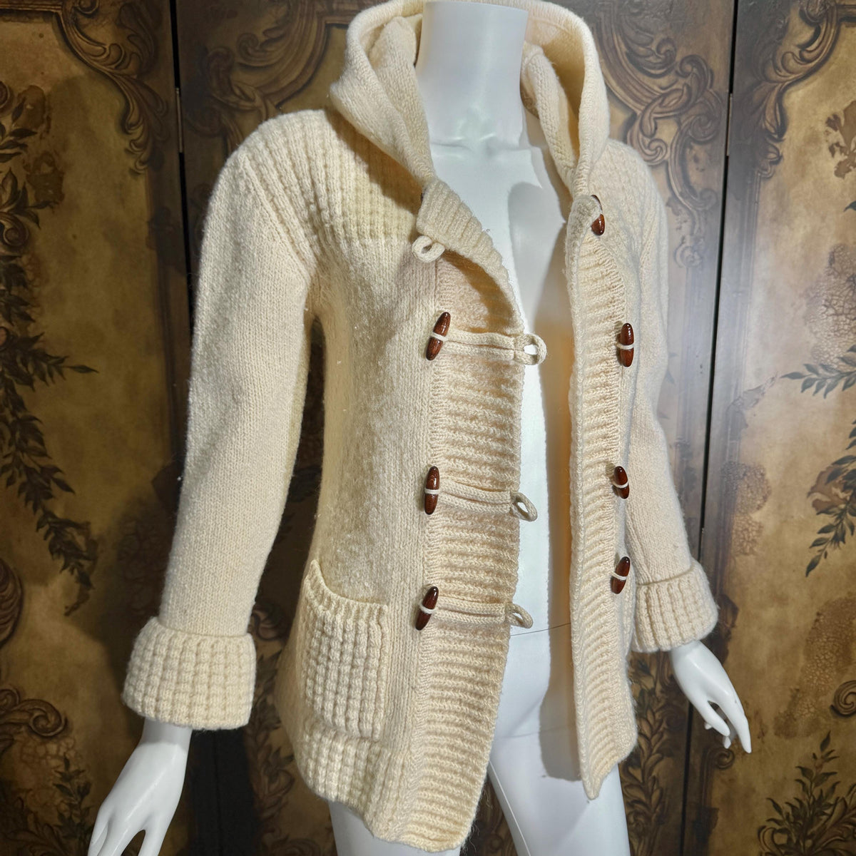vintage 1970s Irish Wool Cardigan Sweater, FALCARRAGH hooded toggle button sweater