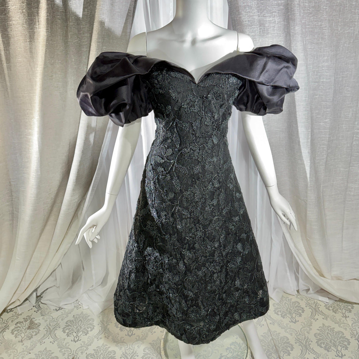 Vintage SCAASI BOUTIQUE cocktail evening dress, Black Off Shoulder Huge Sleeves Party Dress