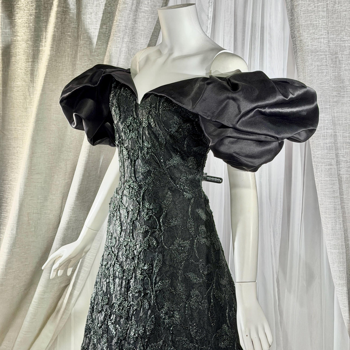 Vintage SCAASI BOUTIQUE cocktail evening dress, Black Off Shoulder Huge Sleeves Party Dress