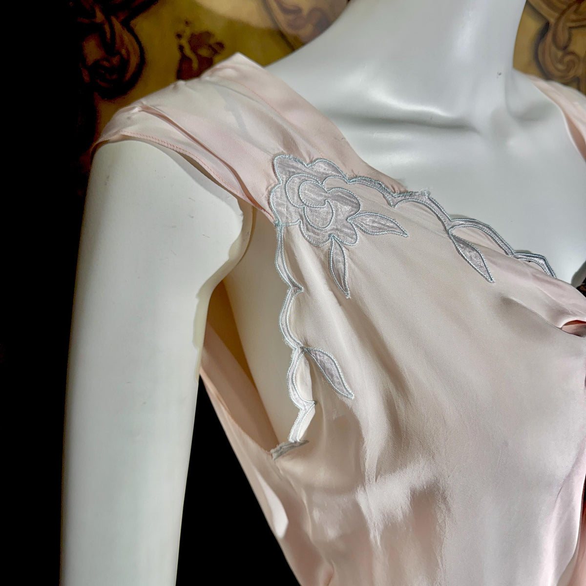 vintage 1930s Nightgown Slip Dress, Silky Pink & Blue Bias Cut Rayon Appliques lingerie dress