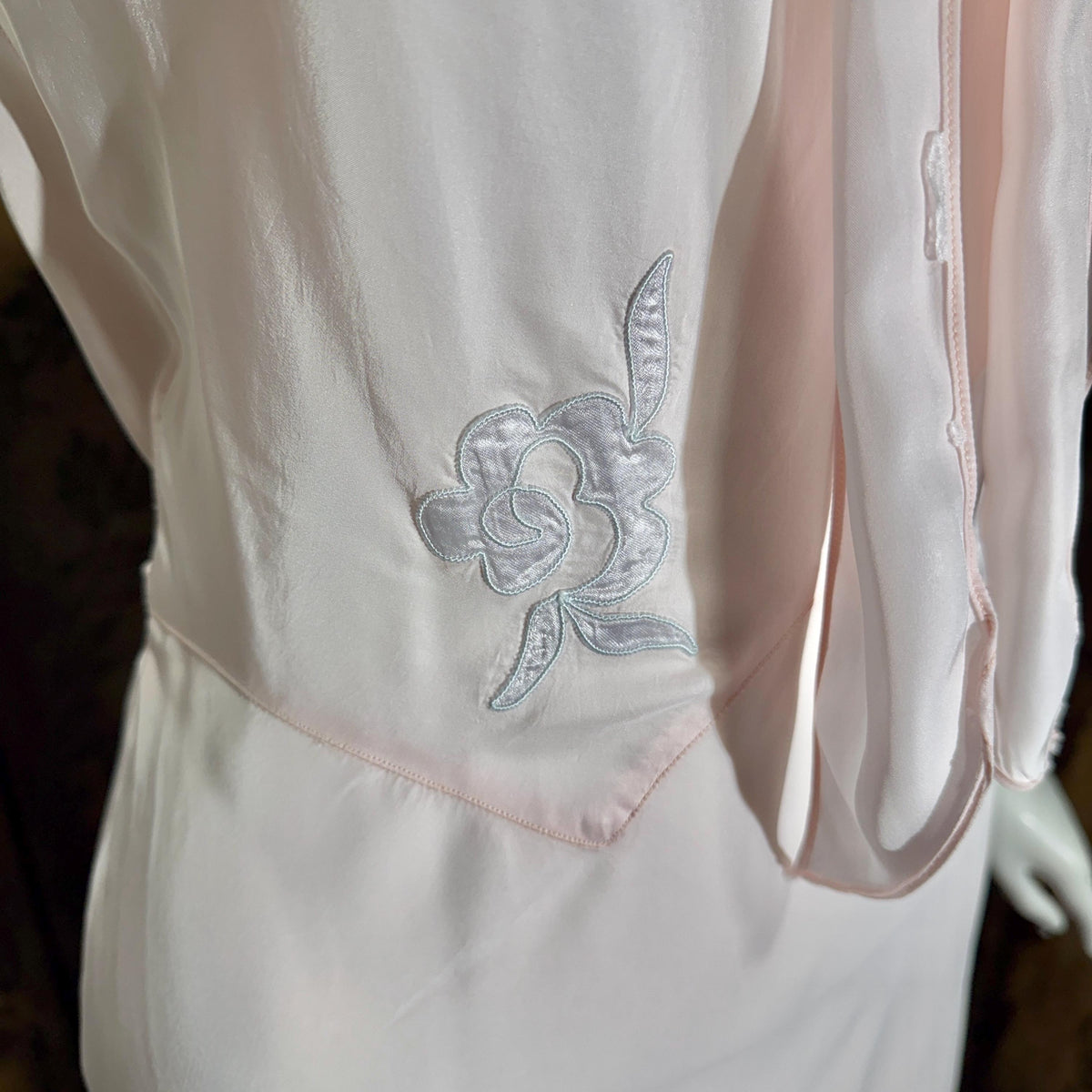 vintage 1930s Nightgown Slip Dress, Silky Pink & Blue Bias Cut Rayon Appliques lingerie dress
