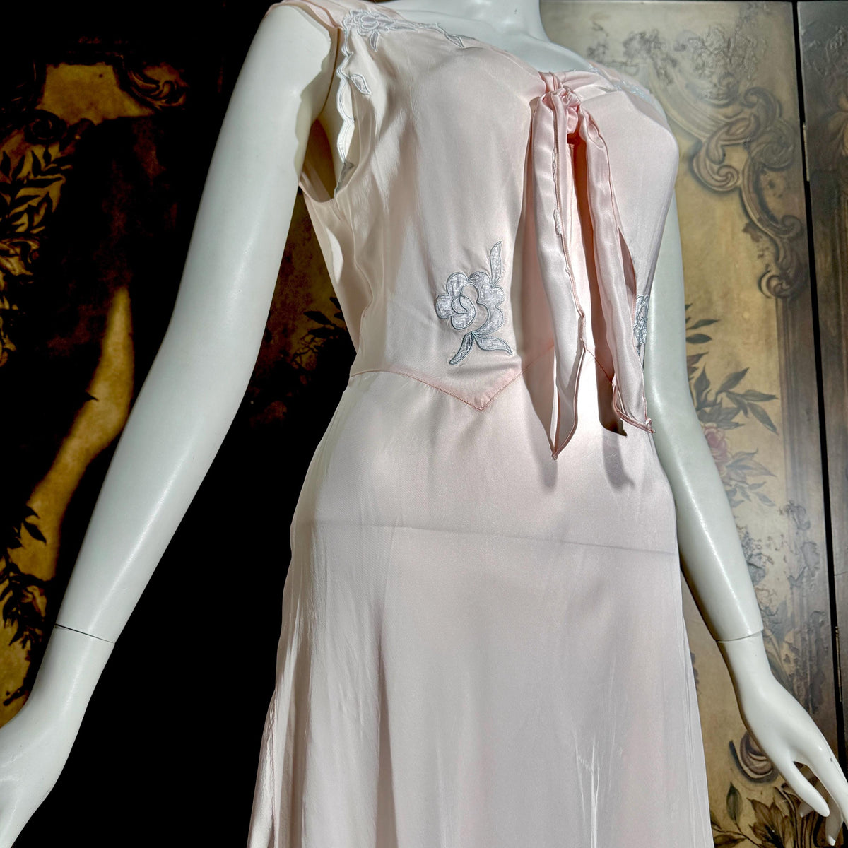 vintage 1930s Nightgown Slip Dress, Silky Pink & Blue Bias Cut Rayon Appliques lingerie dress