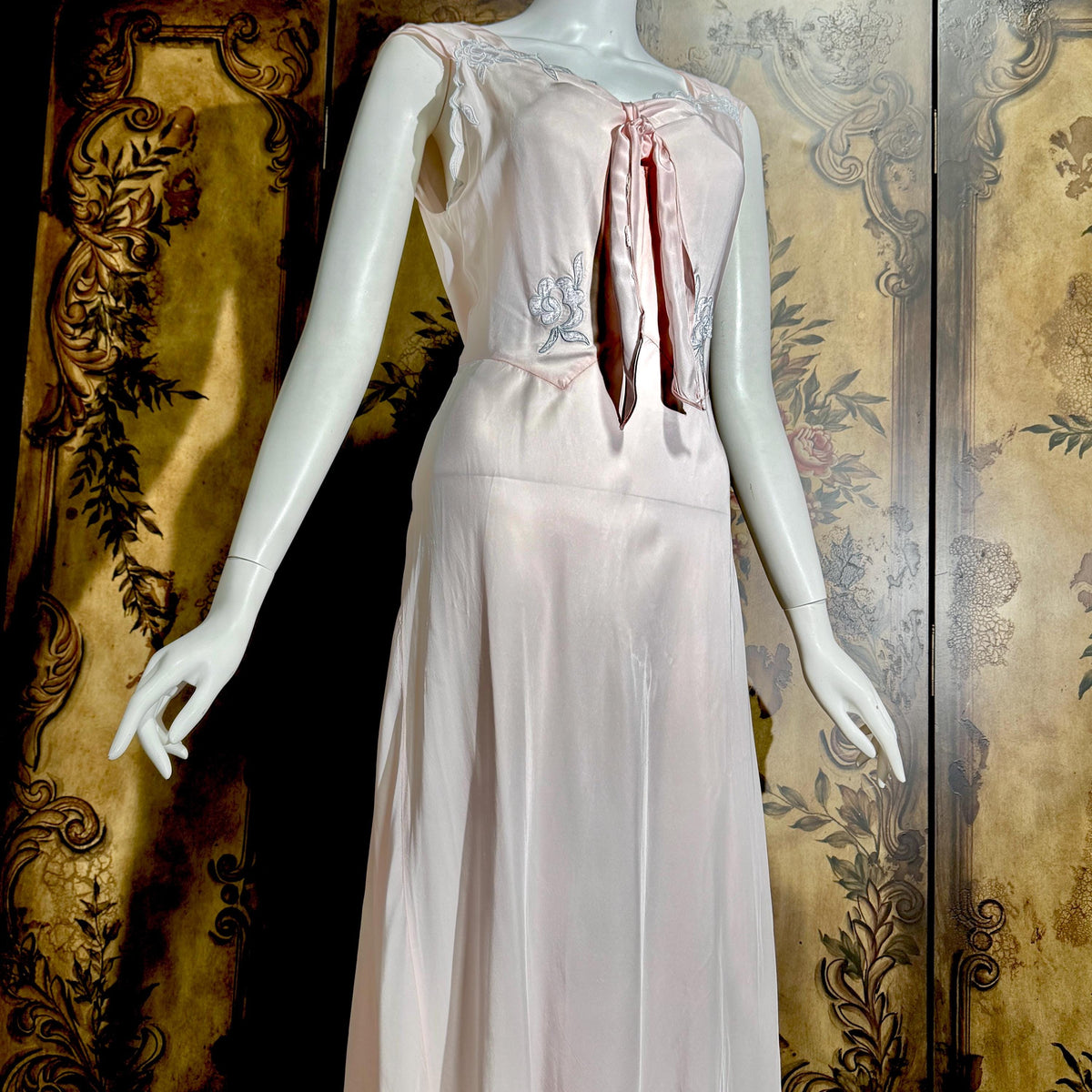 vintage 1930s Nightgown Slip Dress, Silky Pink & Blue Bias Cut Rayon Appliques lingerie dress
