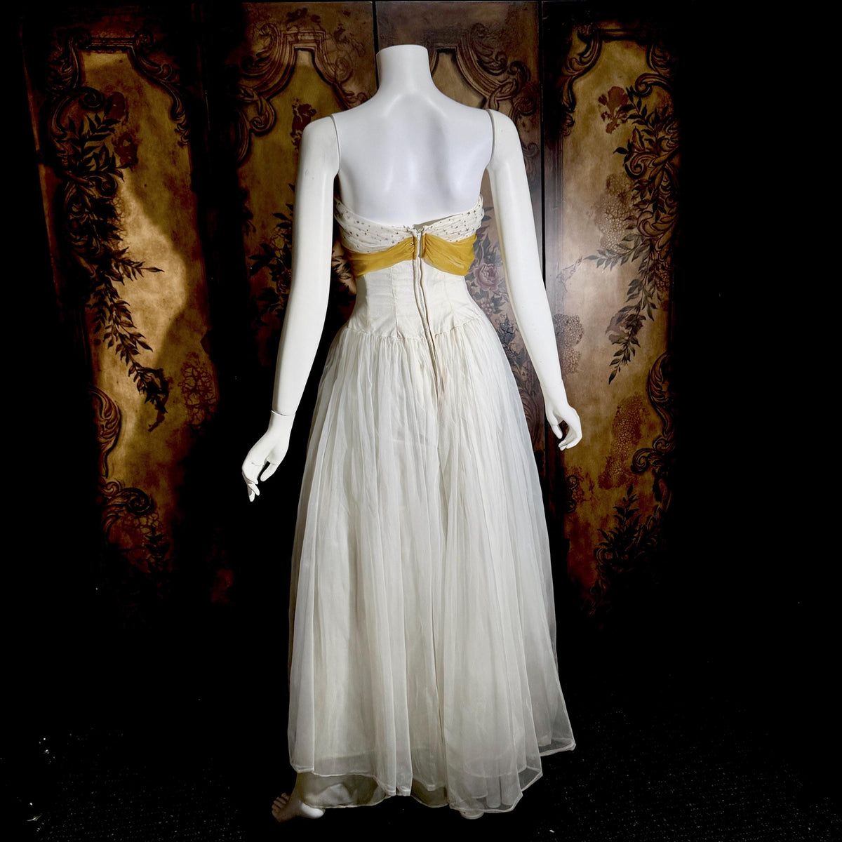 vintage 1950s Cupcake Ball Gown, White Gold Chiffon Scarf Evening Prom dress