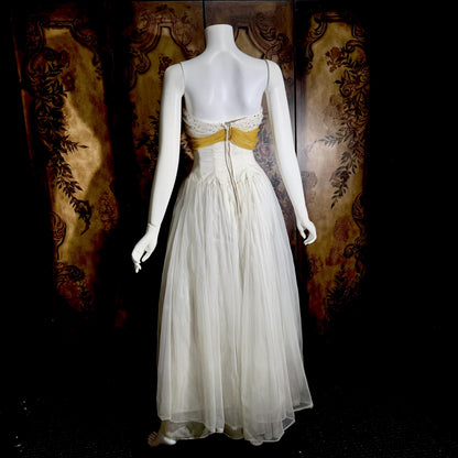 vintage 1950s Cupcake Ball Gown, White Gold Chiffon Scarf Evening Prom dress