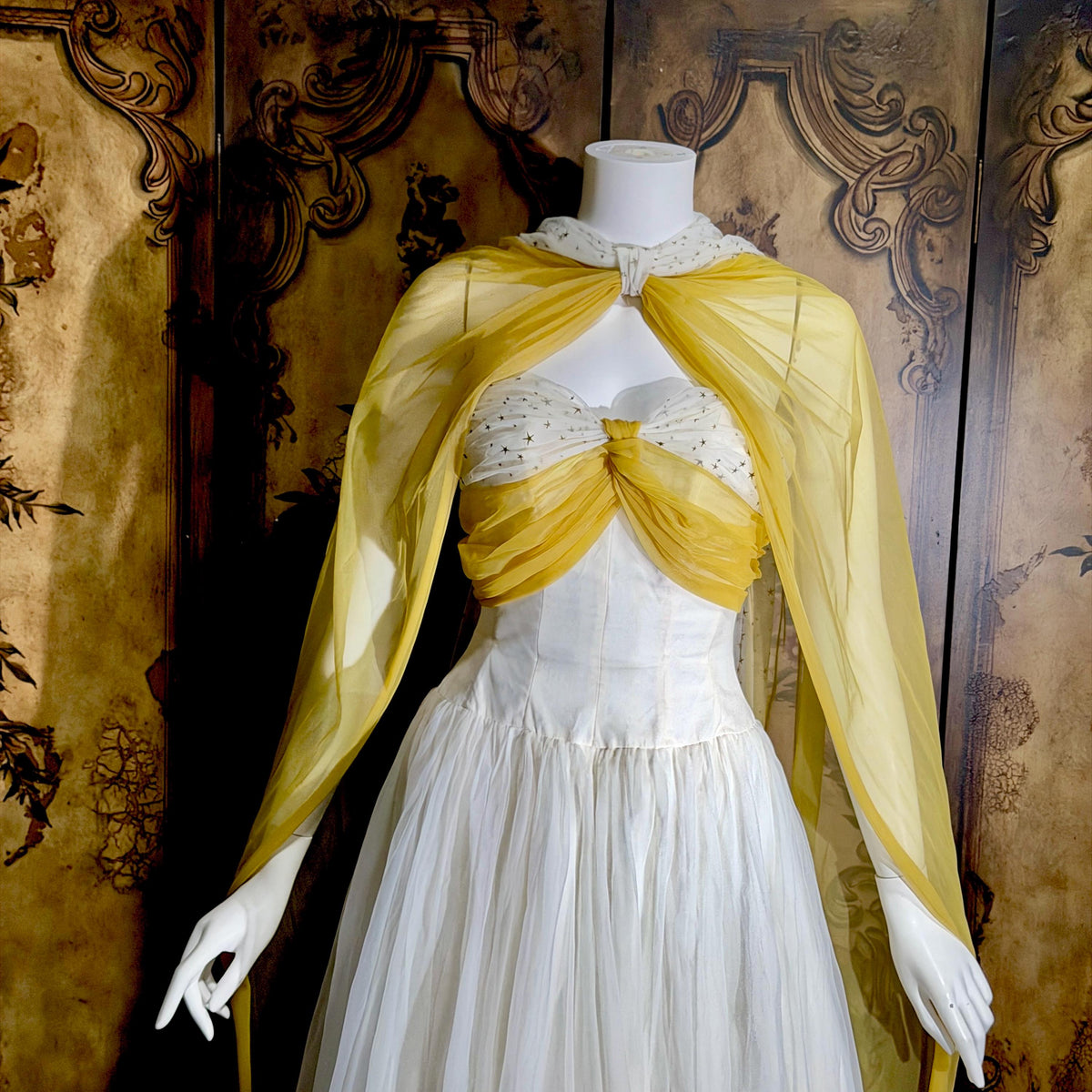 vintage 1950s Cupcake Ball Gown, White Gold Chiffon Scarf Evening Prom dress