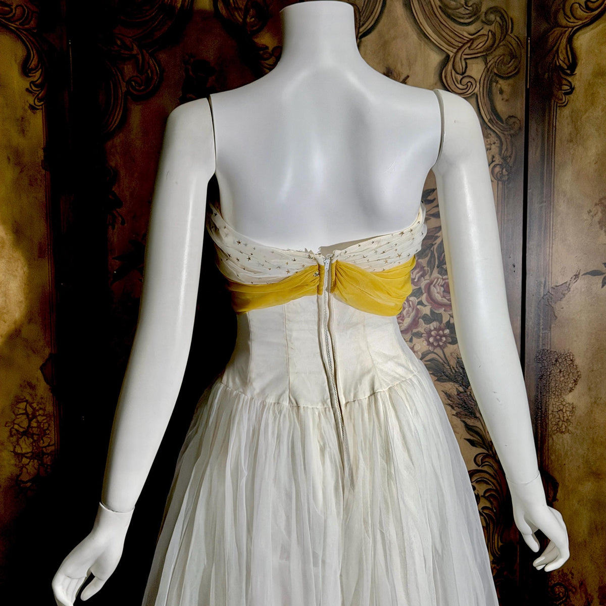 vintage 1950s Cupcake Ball Gown, White Gold Chiffon Scarf Evening Prom dress