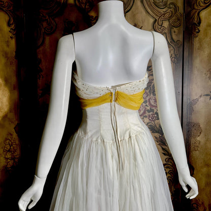 vintage 1950s Cupcake Ball Gown, White Gold Chiffon Scarf Evening Prom dress