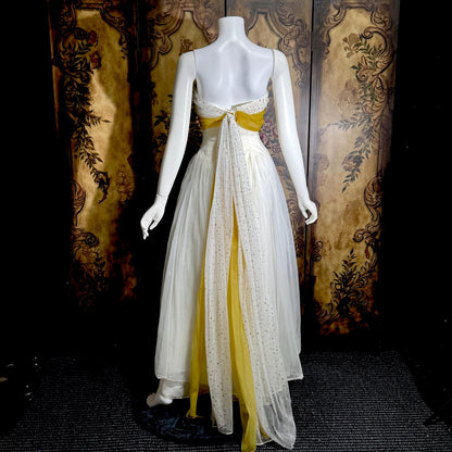 vintage 1950s Cupcake Ball Gown, White Gold Chiffon Scarf Evening Prom dress