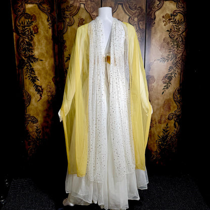 vintage 1950s Cupcake Ball Gown, White Gold Chiffon Scarf Evening Prom dress