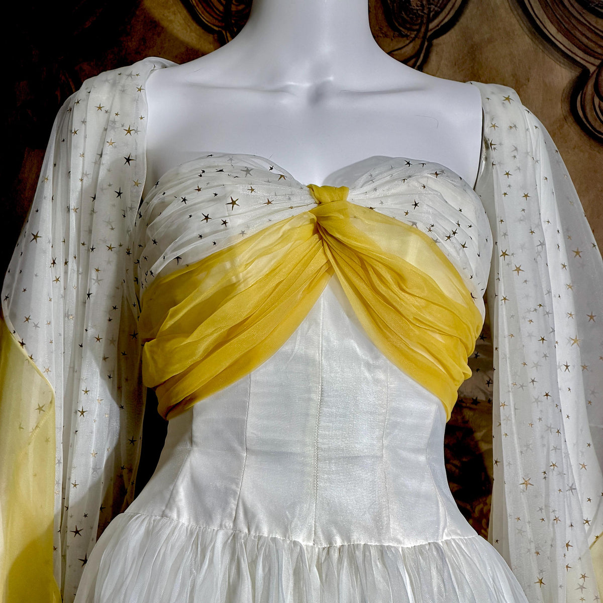 vintage 1950s Cupcake Ball Gown, White Gold Chiffon Scarf Evening Prom dress