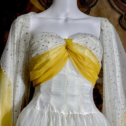 vintage 1950s Cupcake Ball Gown, White Gold Chiffon Scarf Evening Prom dress