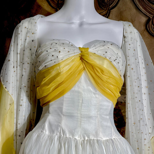 vintage 1950s Cupcake Ball Gown, White Gold Chiffon Scarf Evening Prom dress