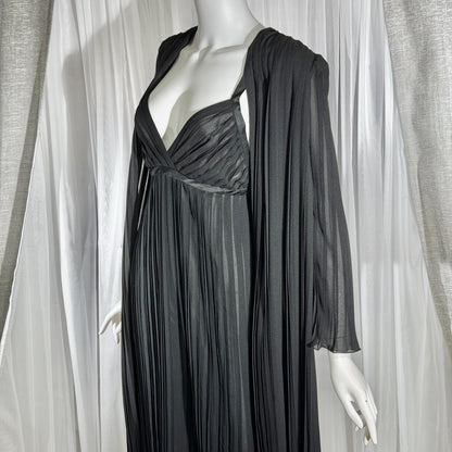 Vintage GEORGETTE TRABOLSI Peignoir Set, 1980s black pleated nightgown robe lingerie dress set