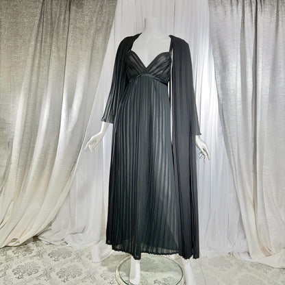 Vintage GEORGETTE TRABOLSI Peignoir Set, 1980s black pleated nightgown robe lingerie dress set