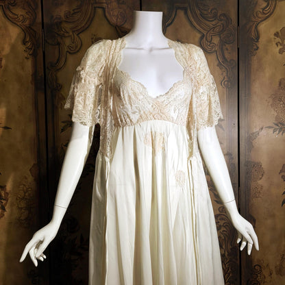 Vintage ORA FEDER Peignoir Set, 1970s Ivory White Satin Lace nightgown robe lingerie dress set