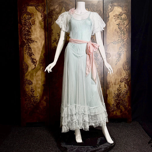 vintage 1930s tulle evening dress, White ruffle Old Hollywood sheer tulle with slip gown