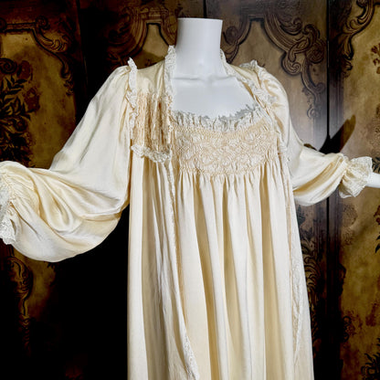 Vintage JULIA GRAHAME Peignoir Set, 1980s Pure Silk Victorian Ivory nightgown robe lingerie dress set