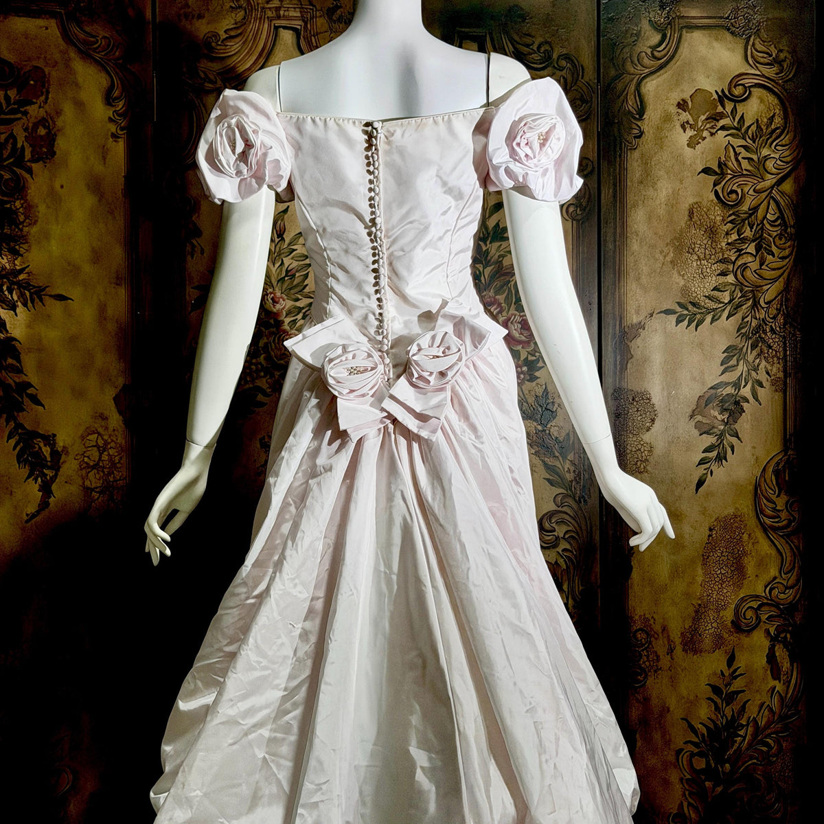 vintage PRISCILLA OF BOSTON wedding dress gown, 1970s Pink Off Shoulder Basque Cinderella ball gown