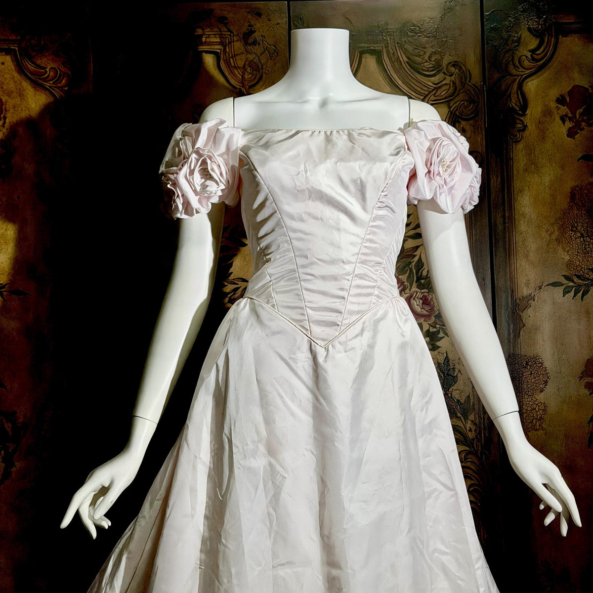 vintage PRISCILLA OF BOSTON wedding dress gown, 1970s Pink Off Shoulder Basque Cinderella ball gown