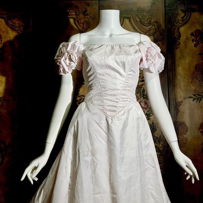 vintage PRISCILLA OF BOSTON wedding dress gown, 1970s Pink Off Shoulder Basque Cinderella ball gown