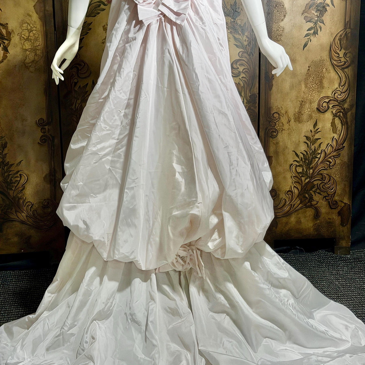 vintage PRISCILLA OF BOSTON wedding dress gown, 1970s Pink Off Shoulder Basque Cinderella ball gown