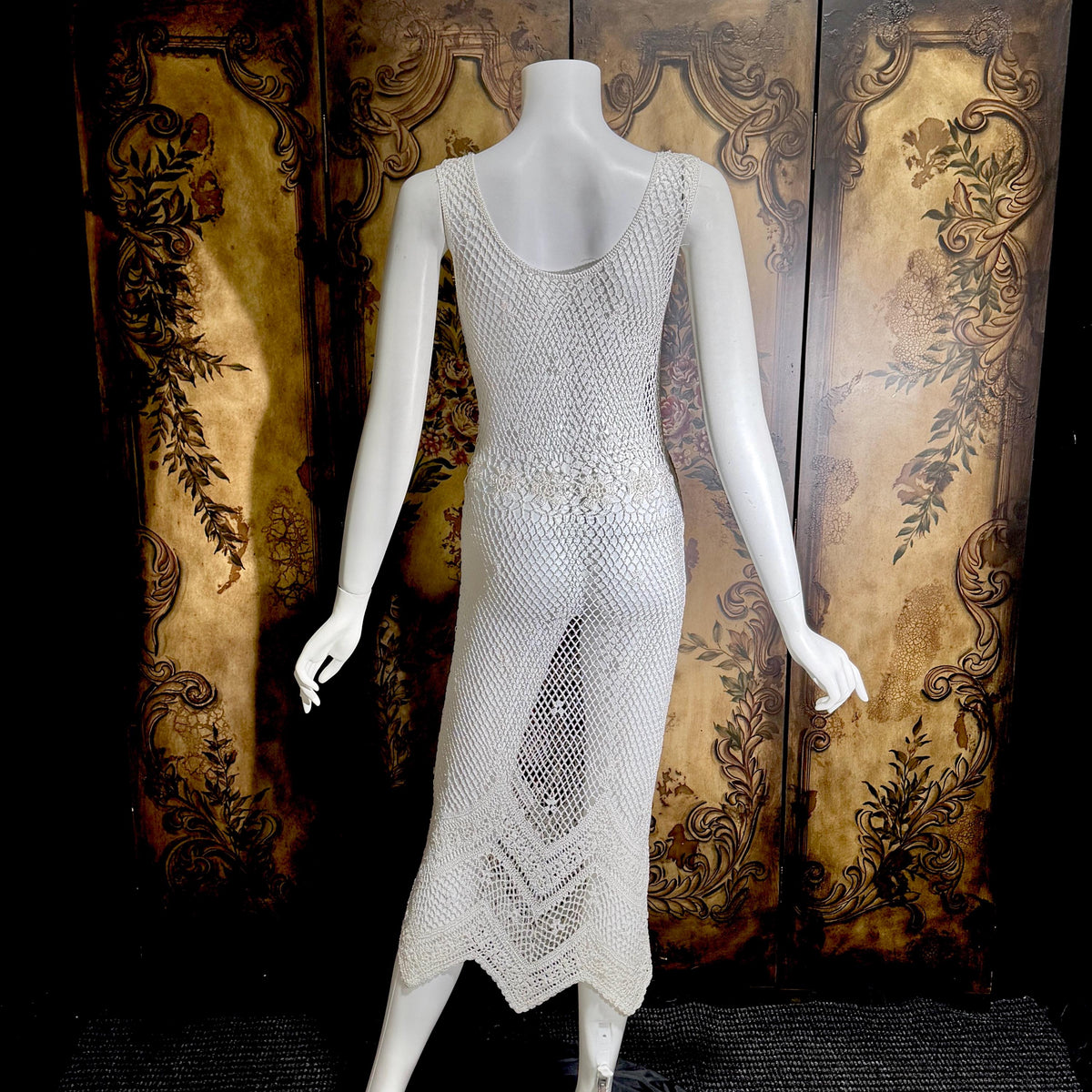 Vintage 1990s Crochet Slip Dress, White Stretchy Knit Tank Cover Up Midi Gown