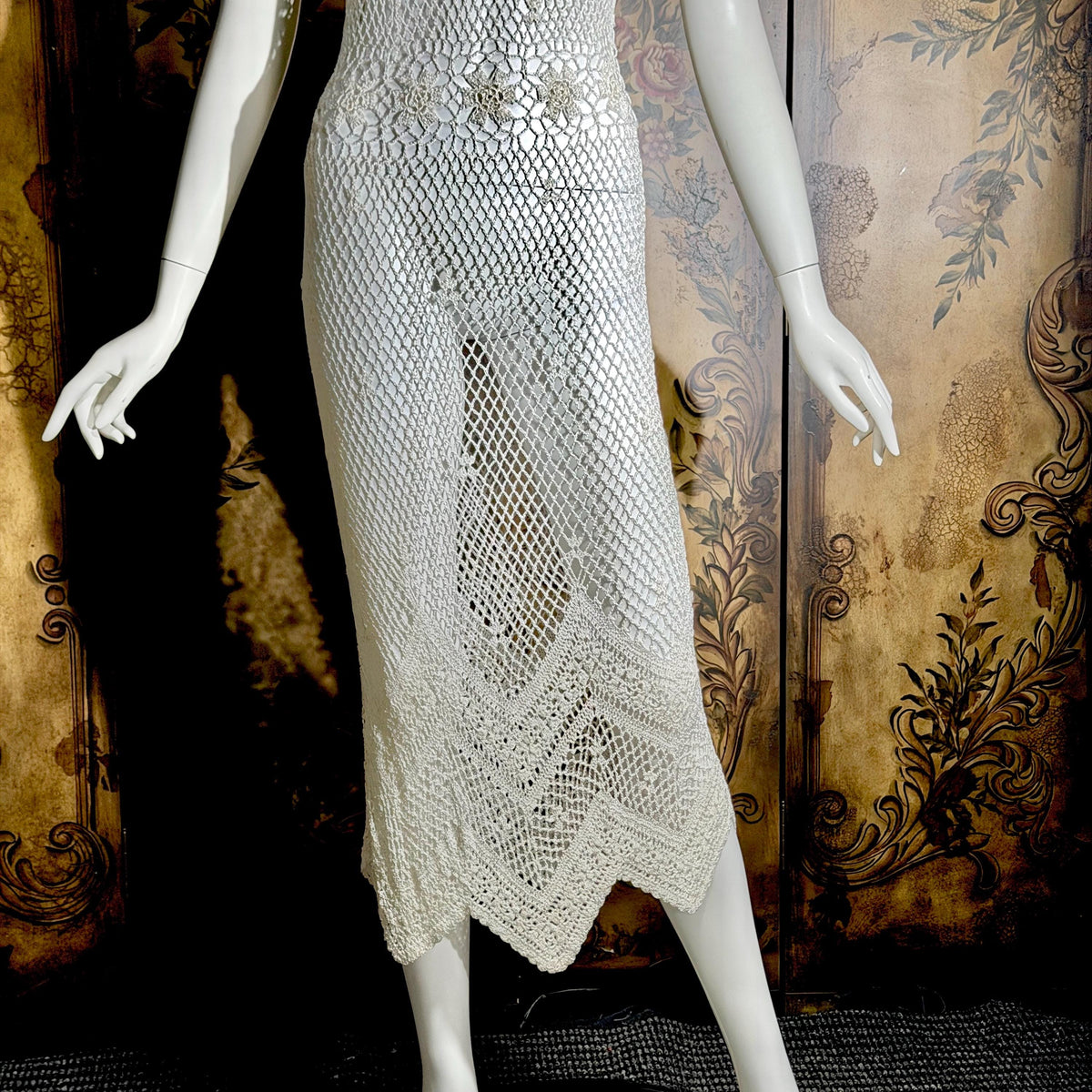 Vintage 1990s Crochet Slip Dress, White Stretchy Knit Tank Cover Up Midi Gown
