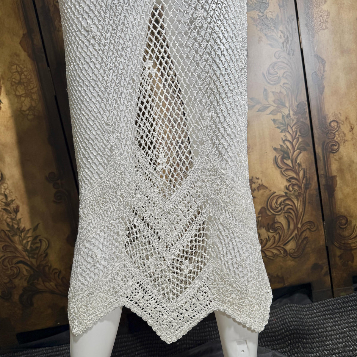 Vintage 1990s Crochet Slip Dress, White Stretchy Knit Tank Cover Up Midi Gown