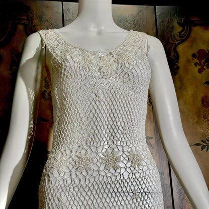 Vintage 1990s Crochet Slip Dress, White Stretchy Knit Tank Cover Up Midi Gown