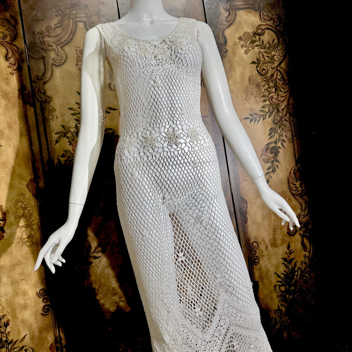 Vintage 1990s Crochet Slip Dress, White Stretchy Knit Tank Cover Up Midi Gown