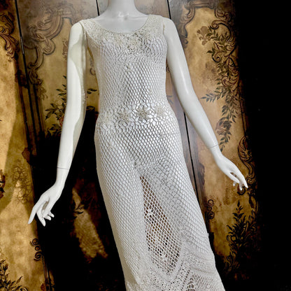 Vintage 1990s Crochet Slip Dress, White Stretchy Knit Tank Cover Up Midi Gown